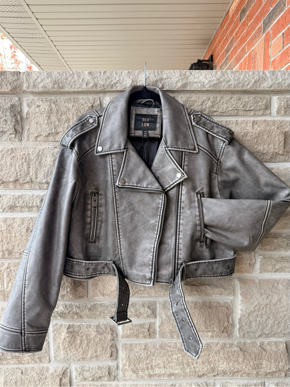 NWT QED London Grey Washed Faux Leather Moto Biker Jacket US 12-16